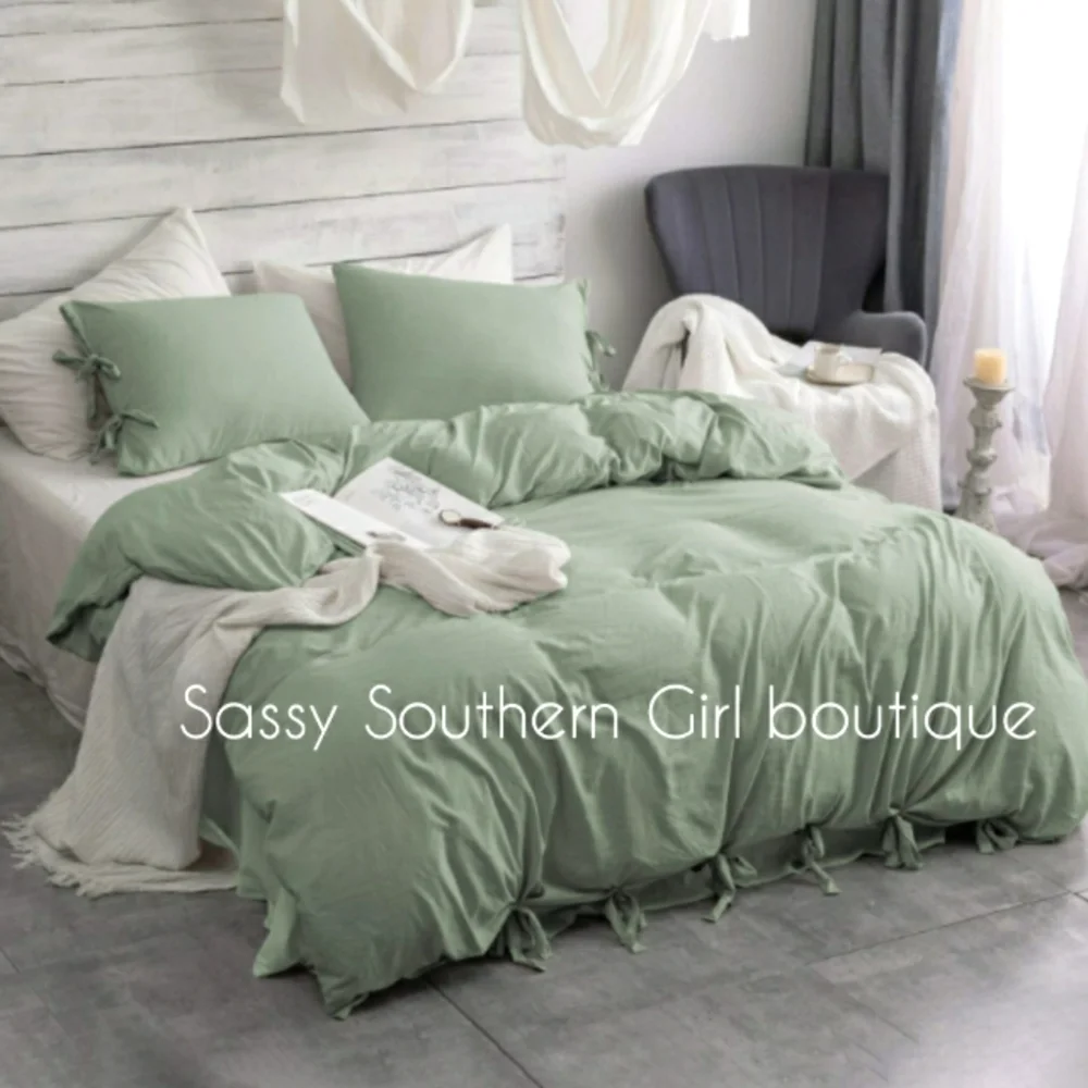 🆕⭐ Softest ever Boho sage green bowtie duvet cover set